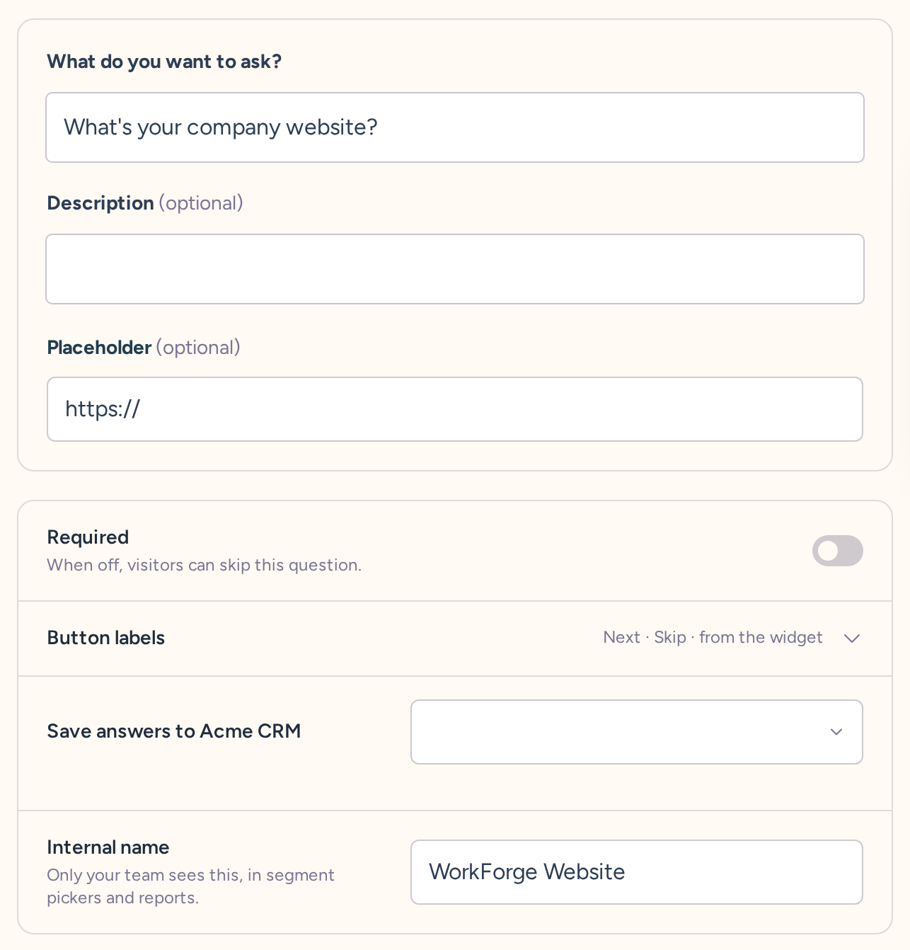 Website question draft with wording, type-specific settings, behavior, and internal name