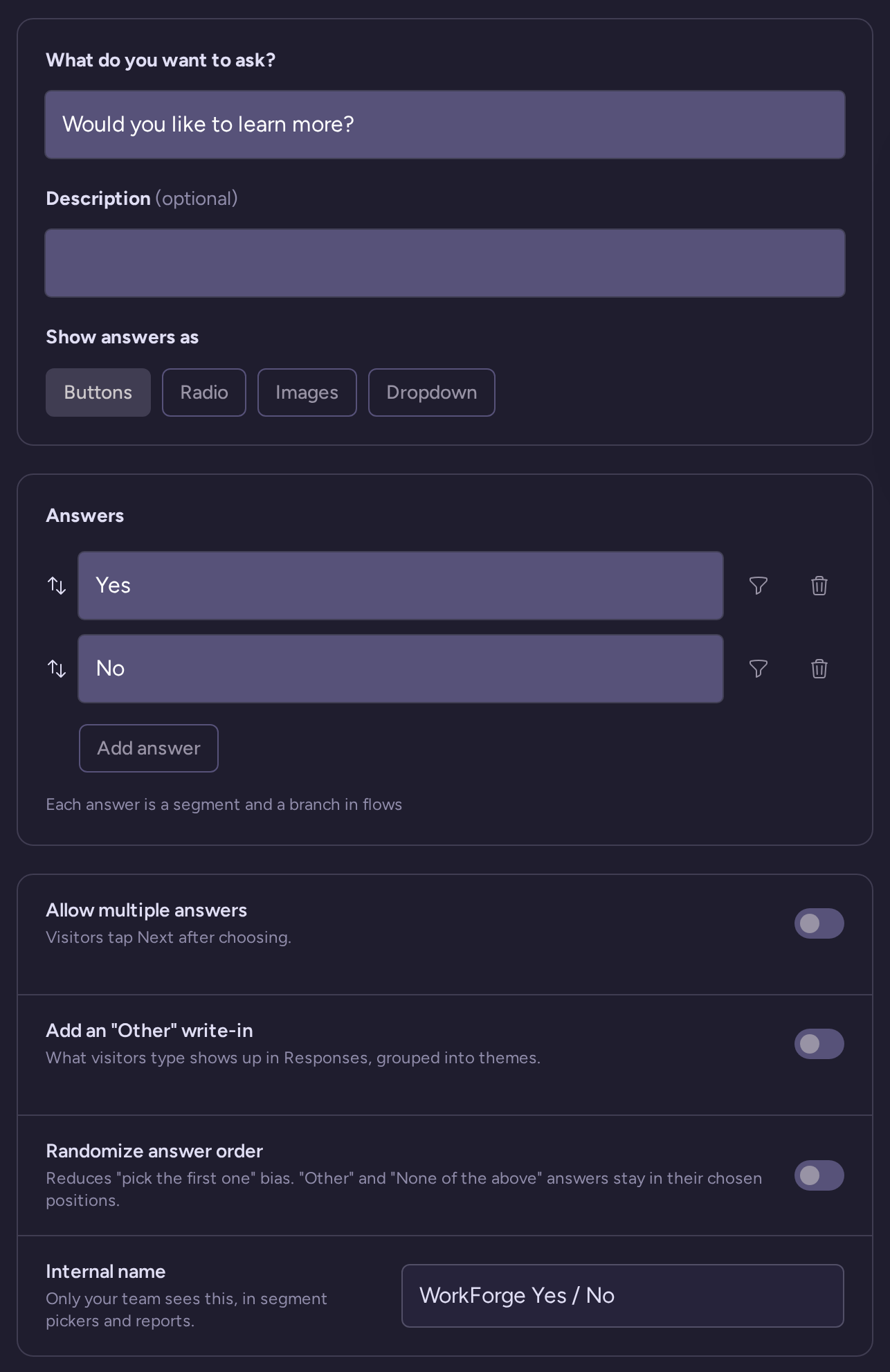Yes / No question draft with wording, type-specific settings, behavior, and internal name