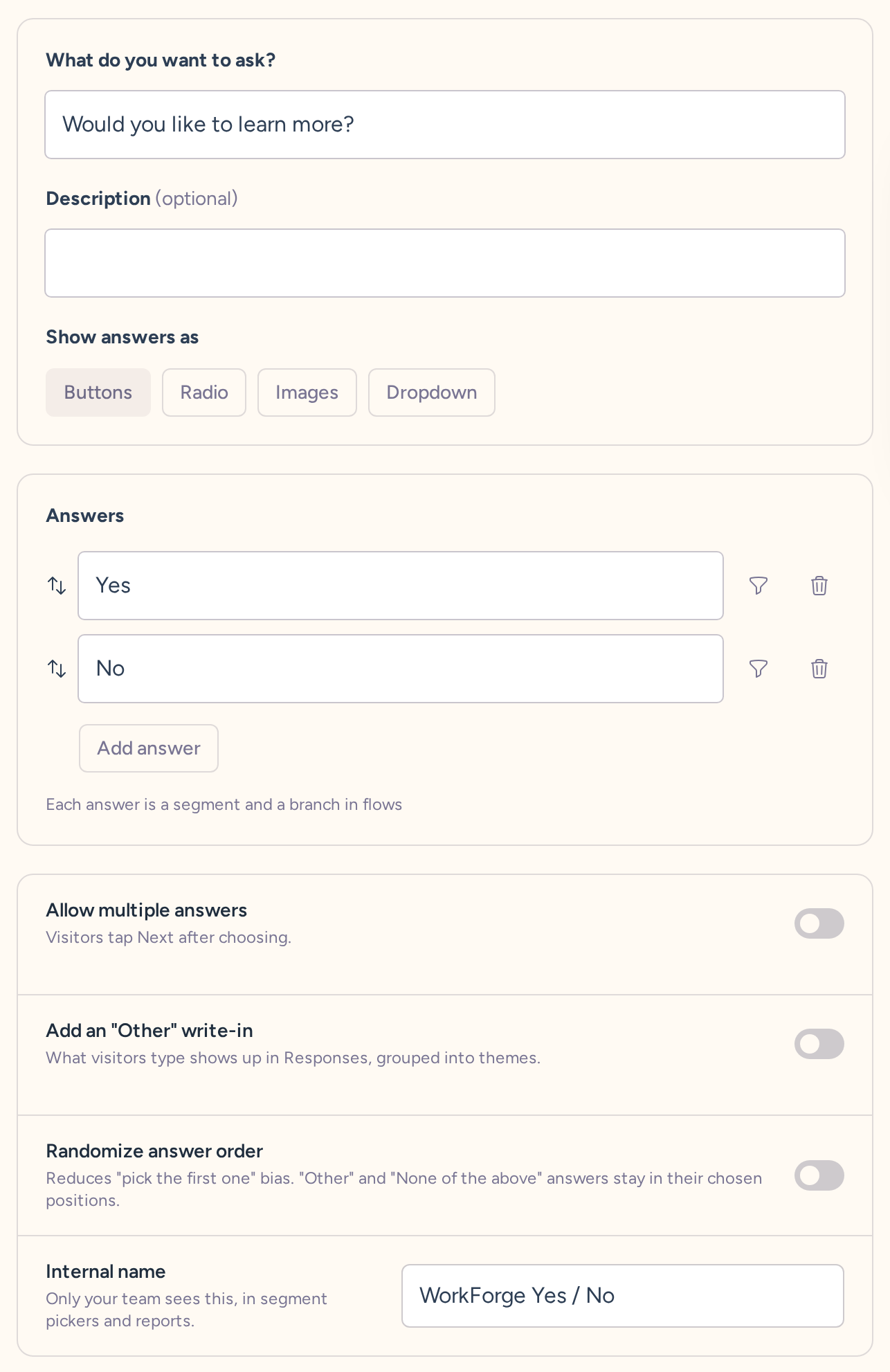 Yes / No question draft with wording, type-specific settings, behavior, and internal name