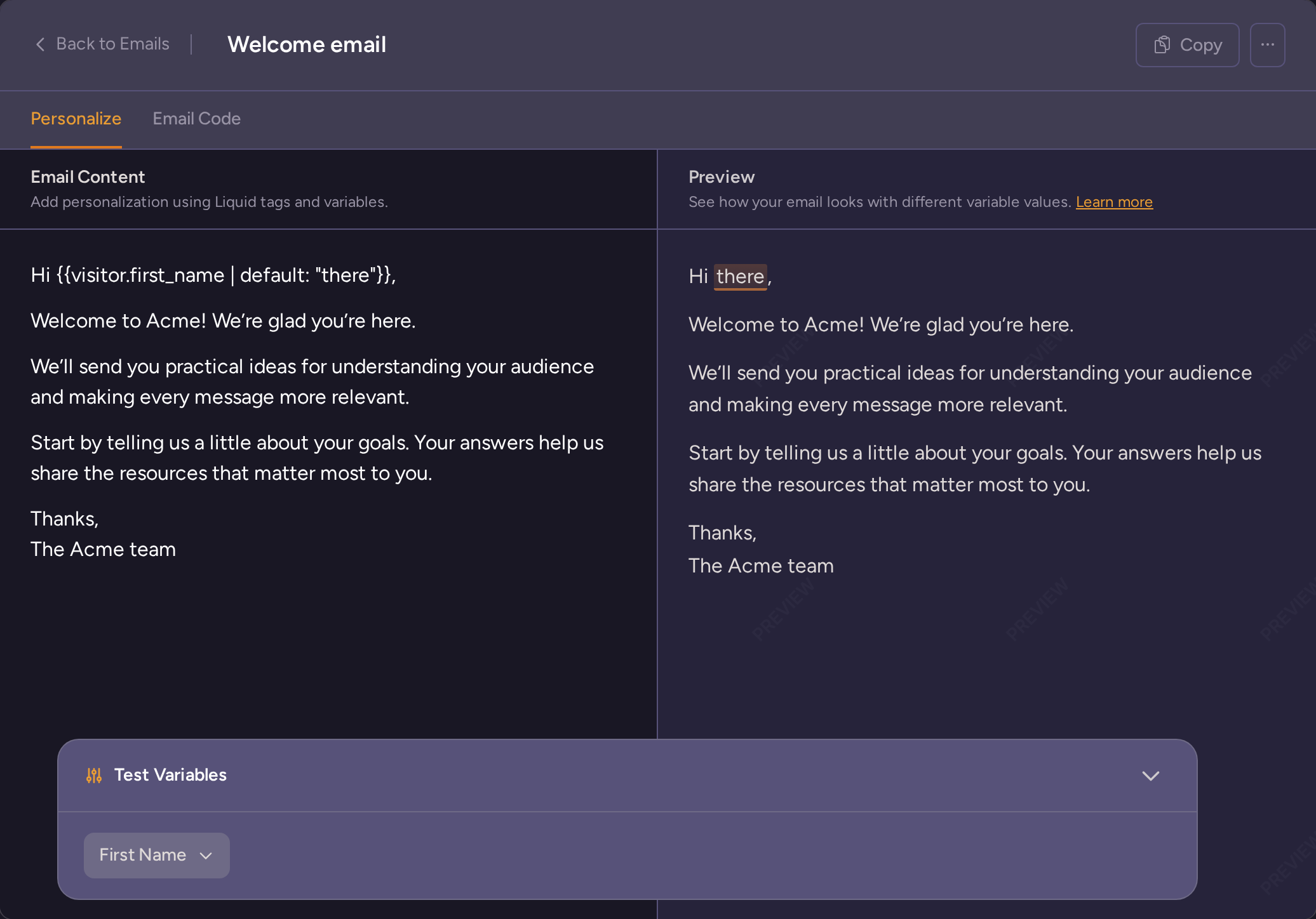 Welcome email personalization editor showing a first-name Liquid variable beside its rendered email preview