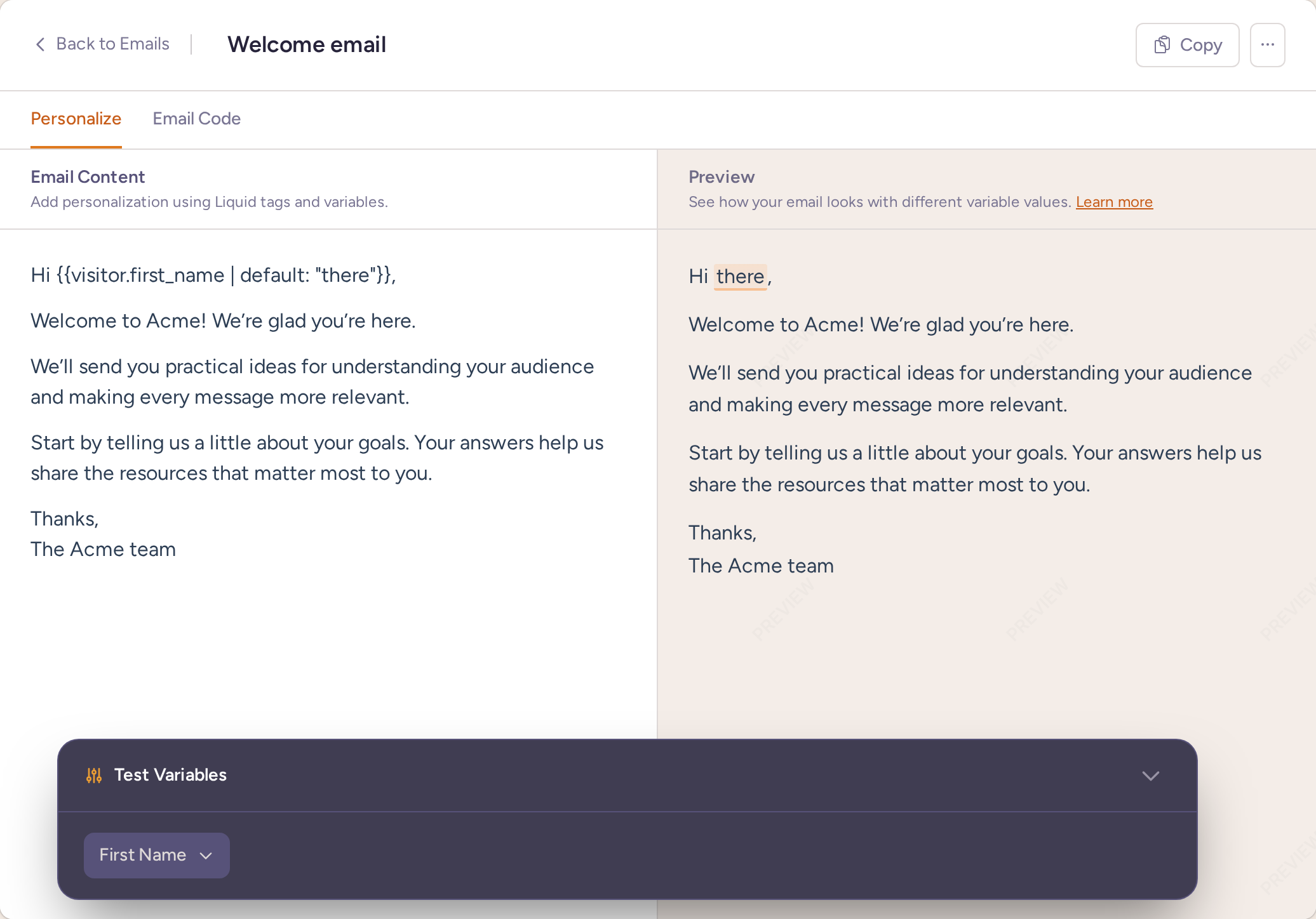 Welcome email personalization editor showing a first-name Liquid variable beside its rendered email preview