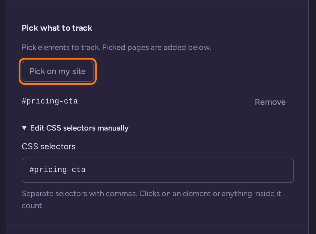 Click goal controls with Pick on my site and the manual CSS selector field set to #pricing-cta