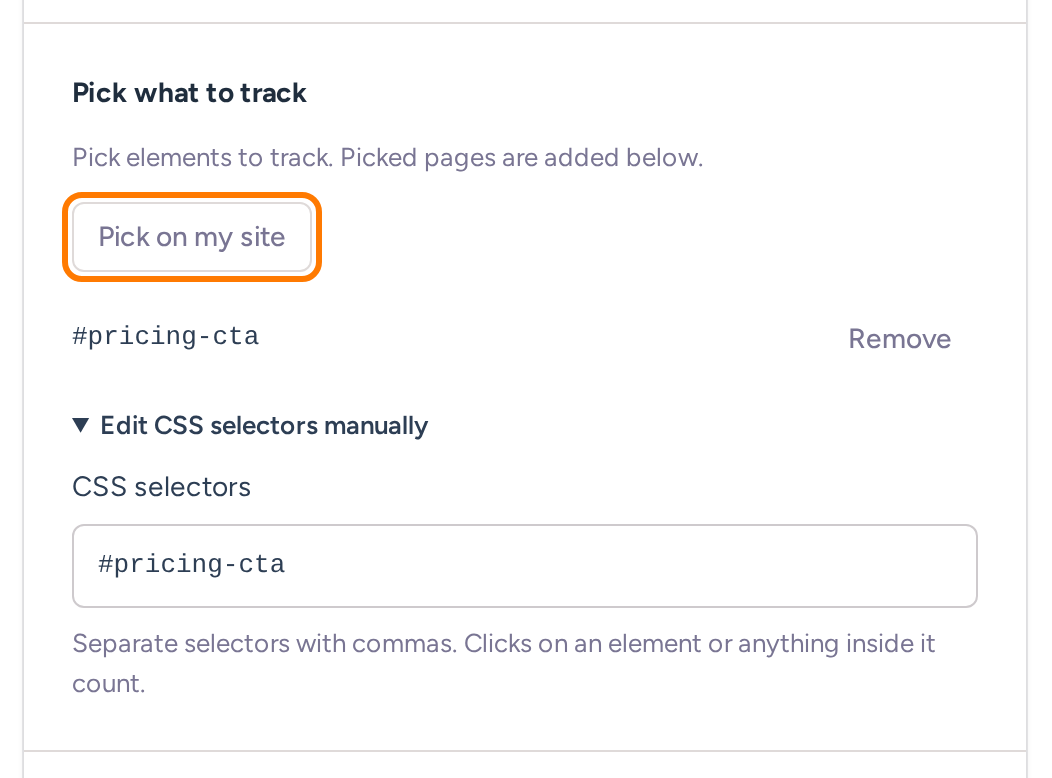 Click goal controls with Pick on my site and the manual CSS selector field set to #pricing-cta