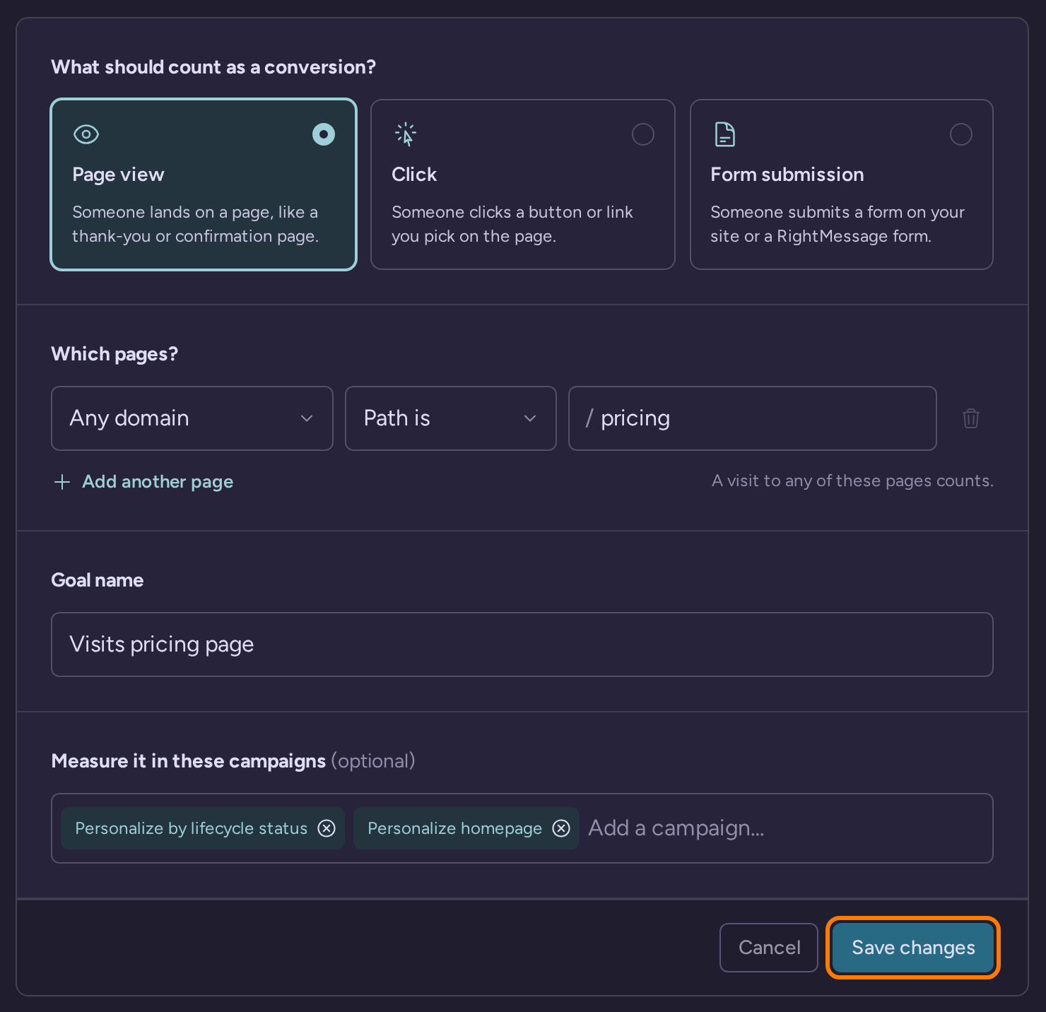 Page-view conversion goal editor with pricing page matching, a descriptive goal name and campaign associations