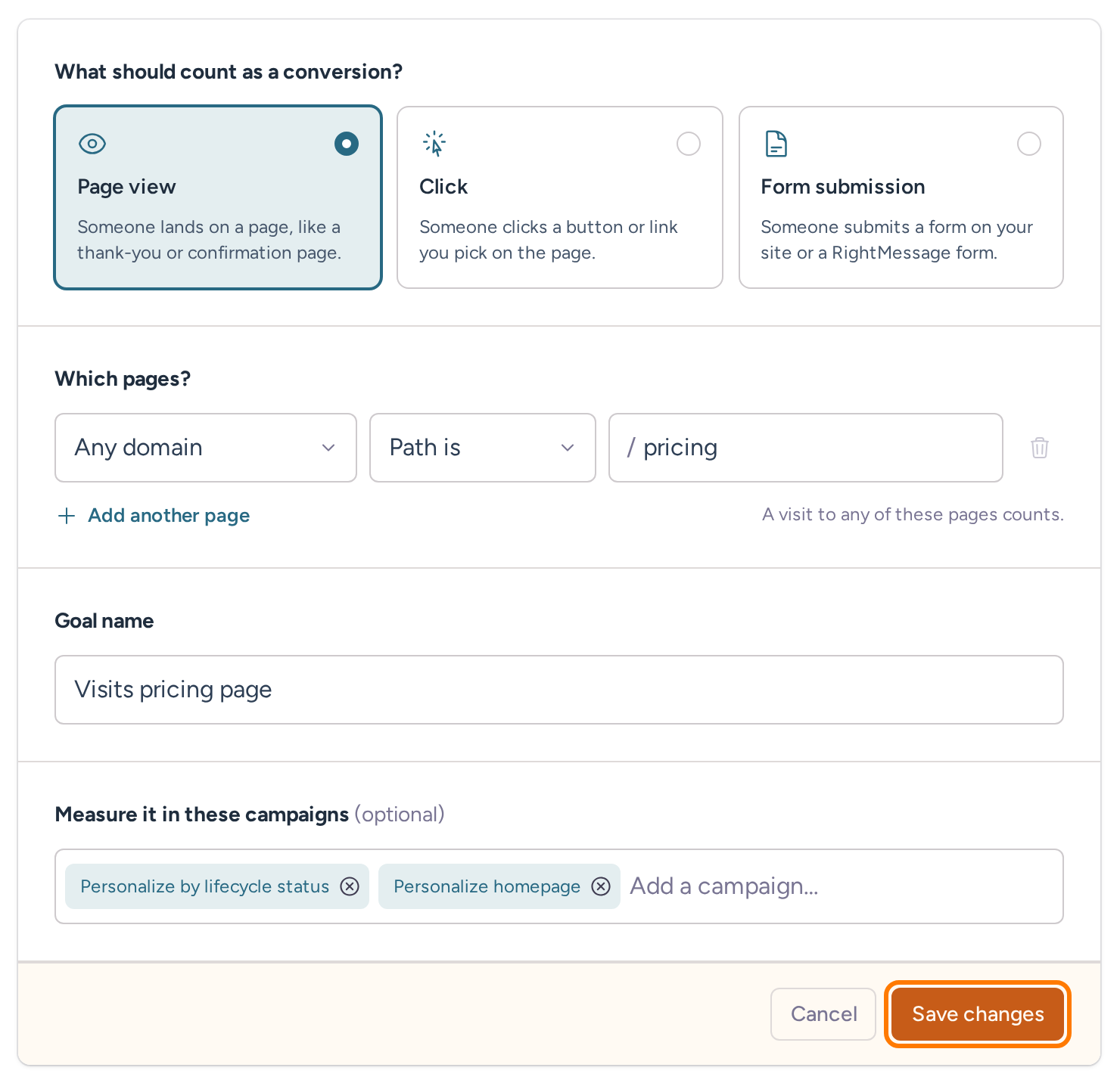 Page-view conversion goal editor with pricing page matching, a descriptive goal name and campaign associations