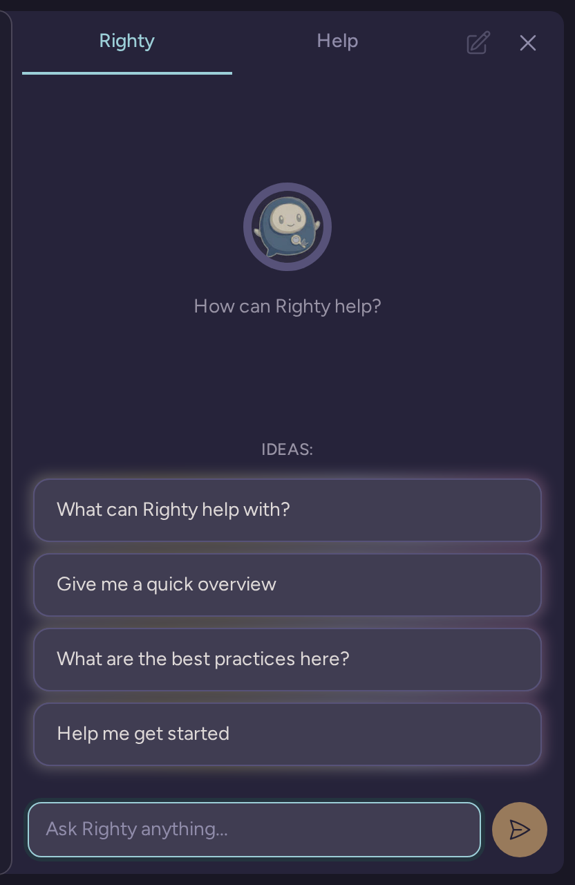 Righty assistant conversation panel with the message composer ready for a question