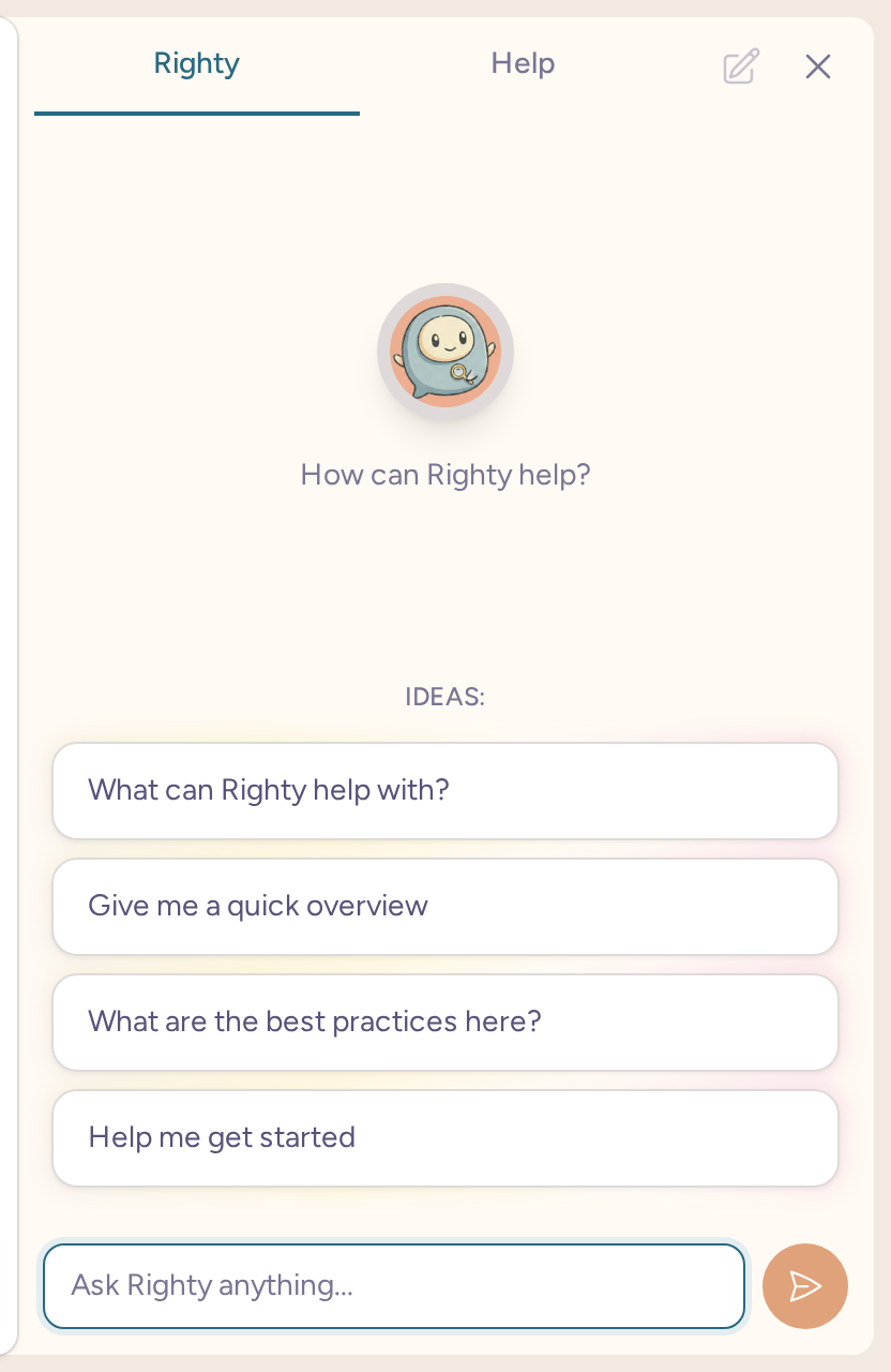 Righty assistant conversation panel with the message composer ready for a question