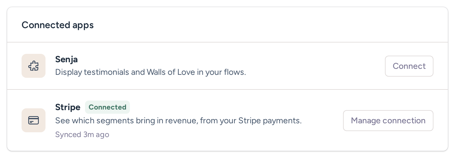Connected apps tab of Integrations listing Senja with Connect and Stripe as Connected with Manage connection