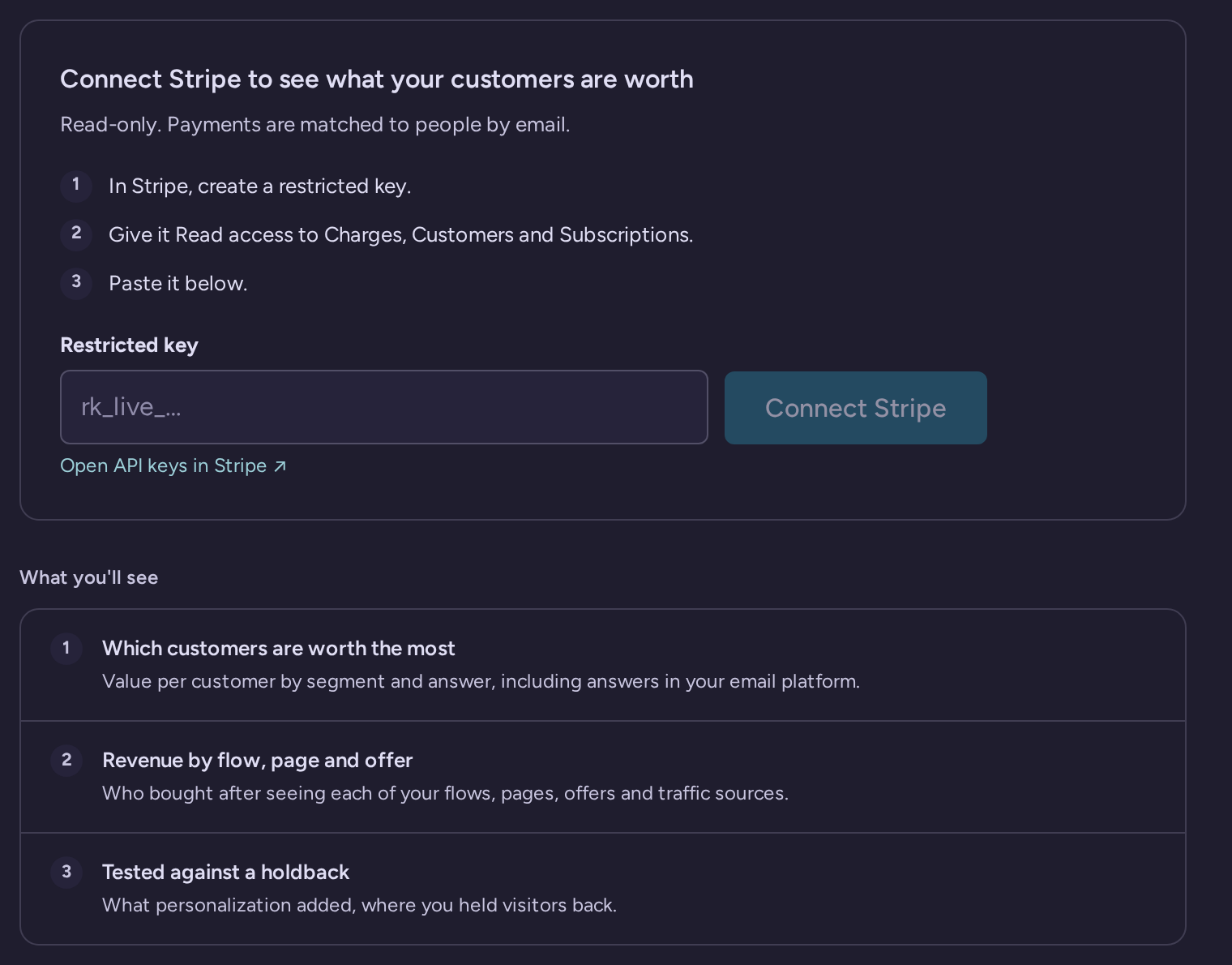 Revenue Overview before Stripe is connected, with the steps to create a restricted key, the Restricted key field and what the page will show