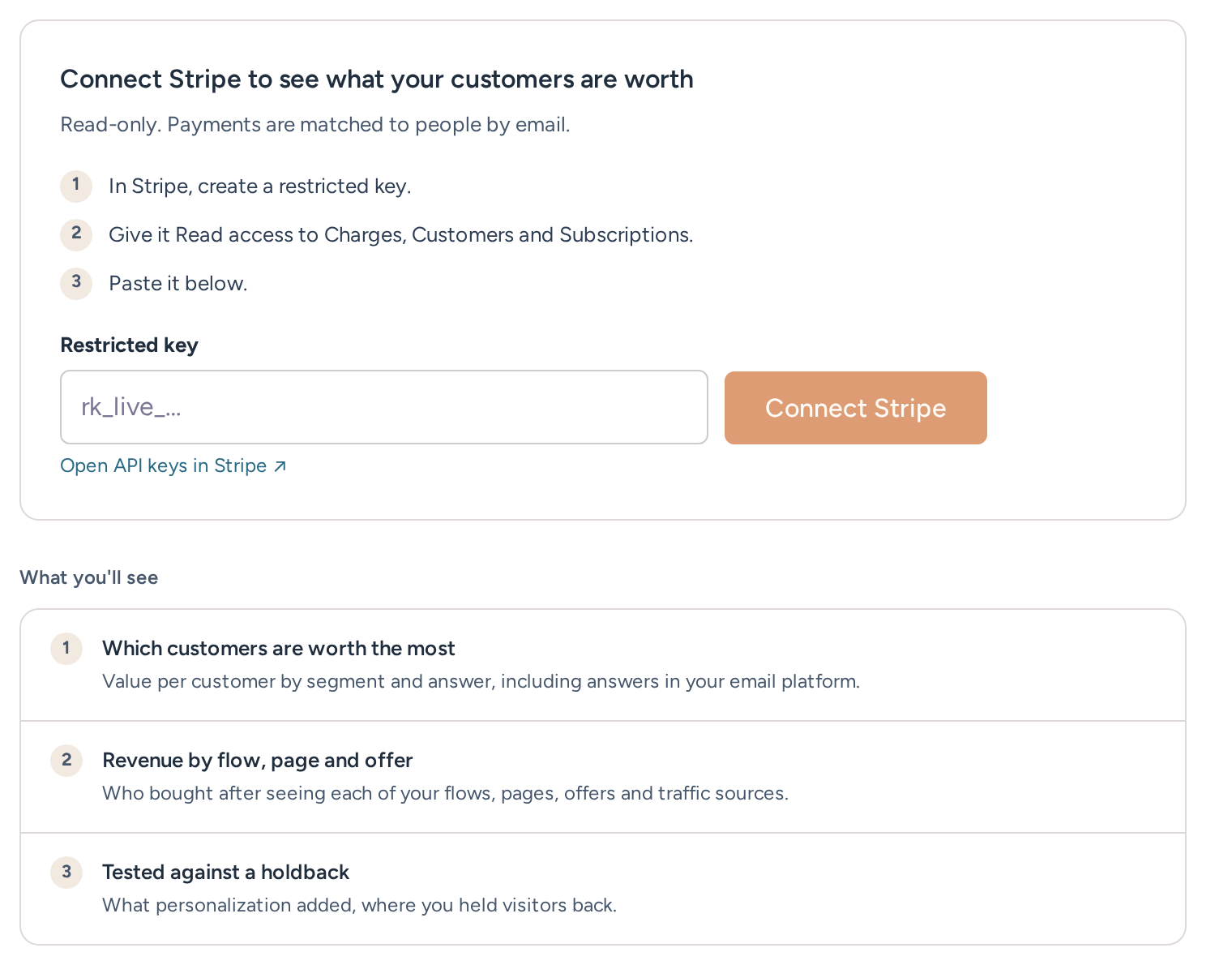 Revenue Overview before Stripe is connected, with the steps to create a restricted key, the Restricted key field and what the page will show