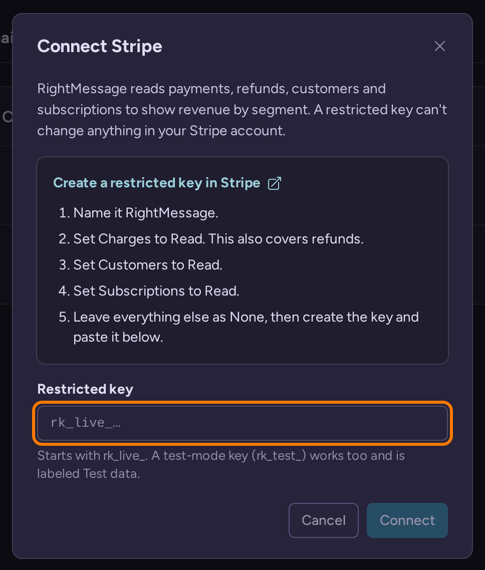 Connect Stripe dialog explaining the read-only restricted key, with steps to create it in Stripe and an empty Restricted key field