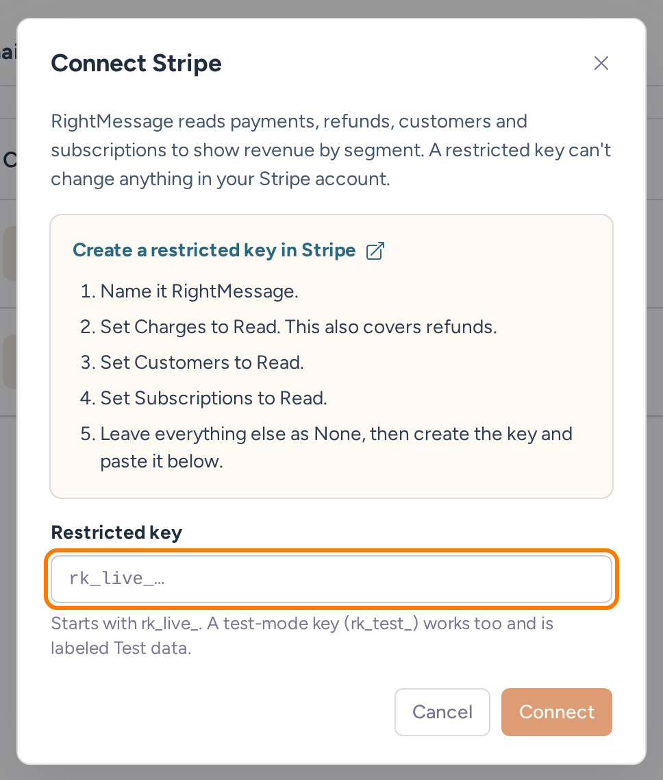 Connect Stripe dialog explaining the read-only restricted key, with steps to create it in Stripe and an empty Restricted key field
