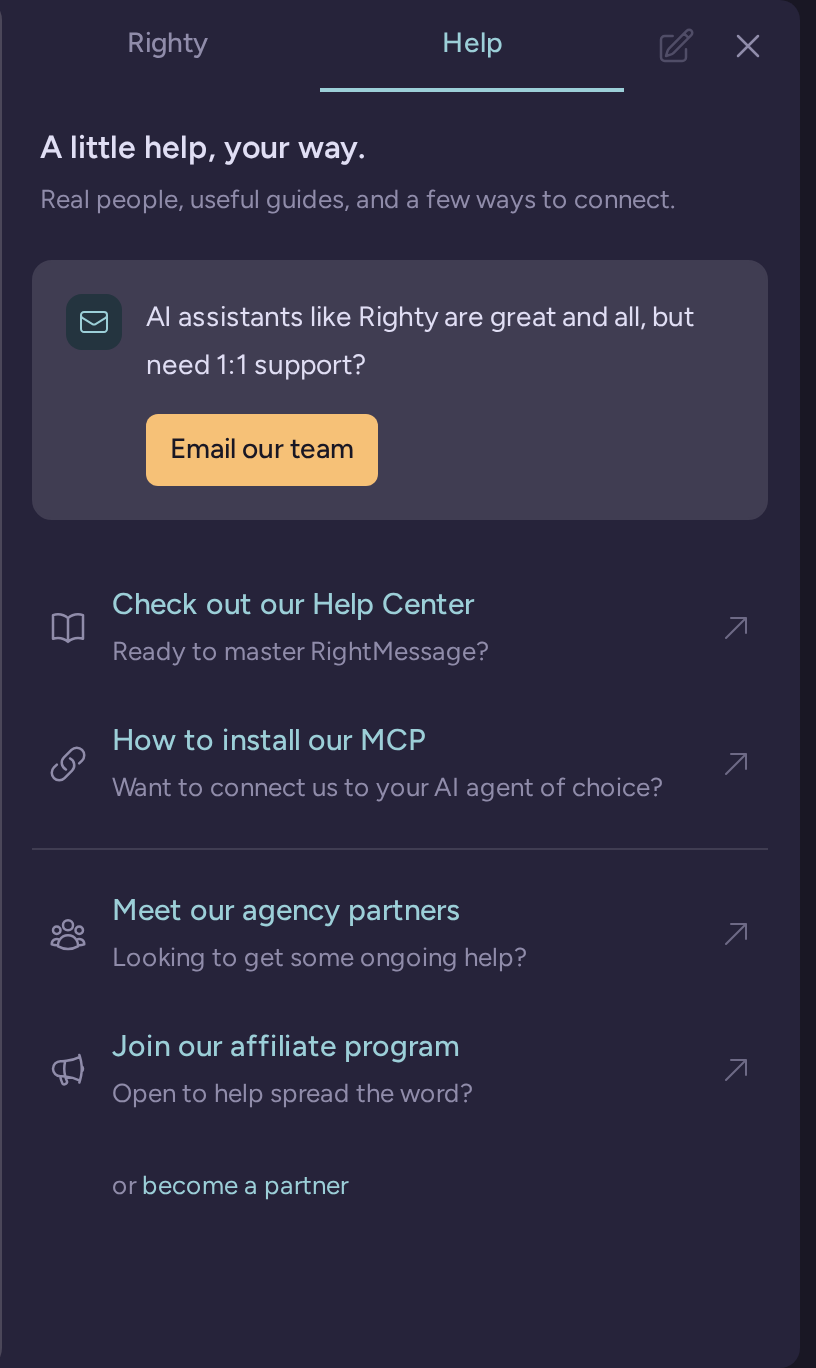 Righty Help tab with support email, help center, product guides and partner resources