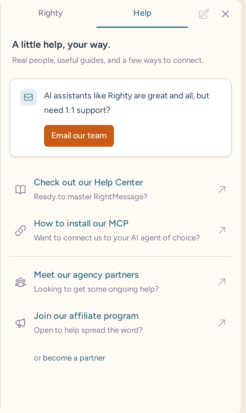 Righty Help tab with support email, help center, product guides and partner resources