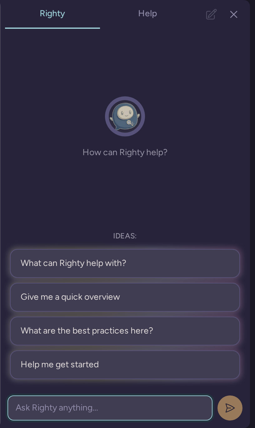 Righty assistant dock with a new conversation field and suggested project questions