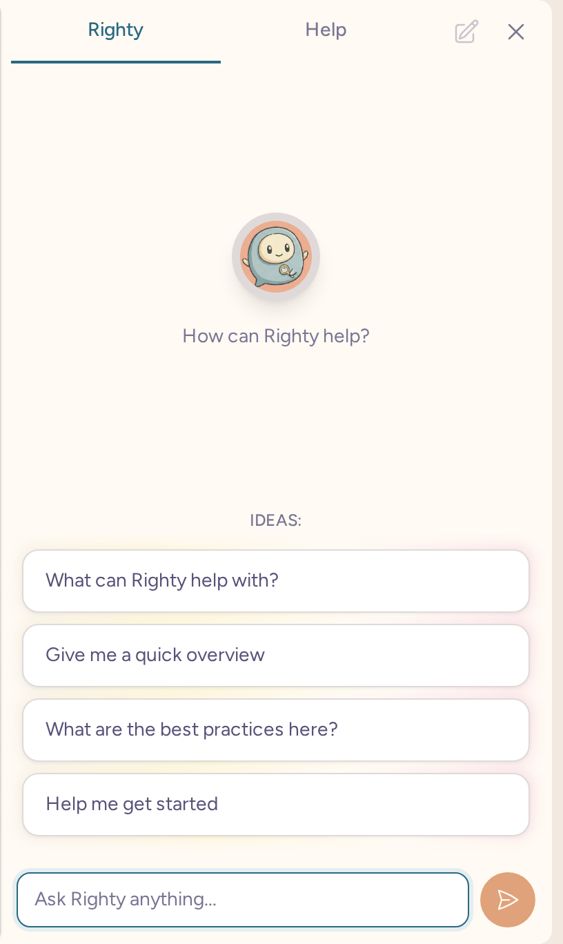Righty assistant dock with a new conversation field and suggested project questions