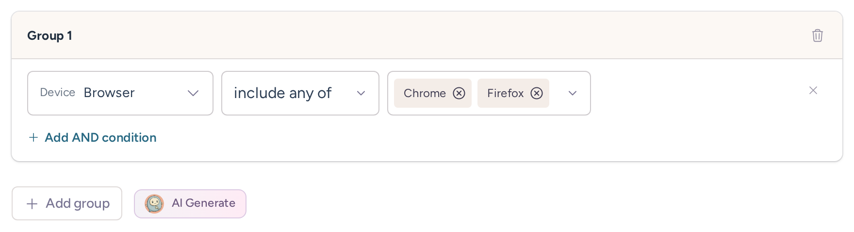 Device Browser condition matching Chrome or Firefox
