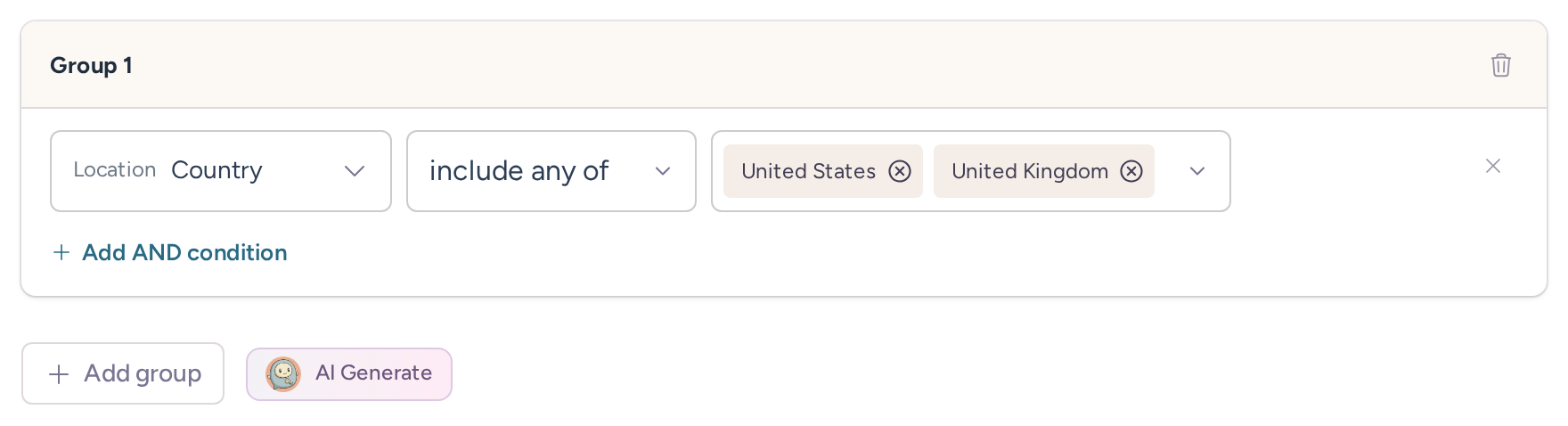 Country condition matching visitors from the United States or United Kingdom