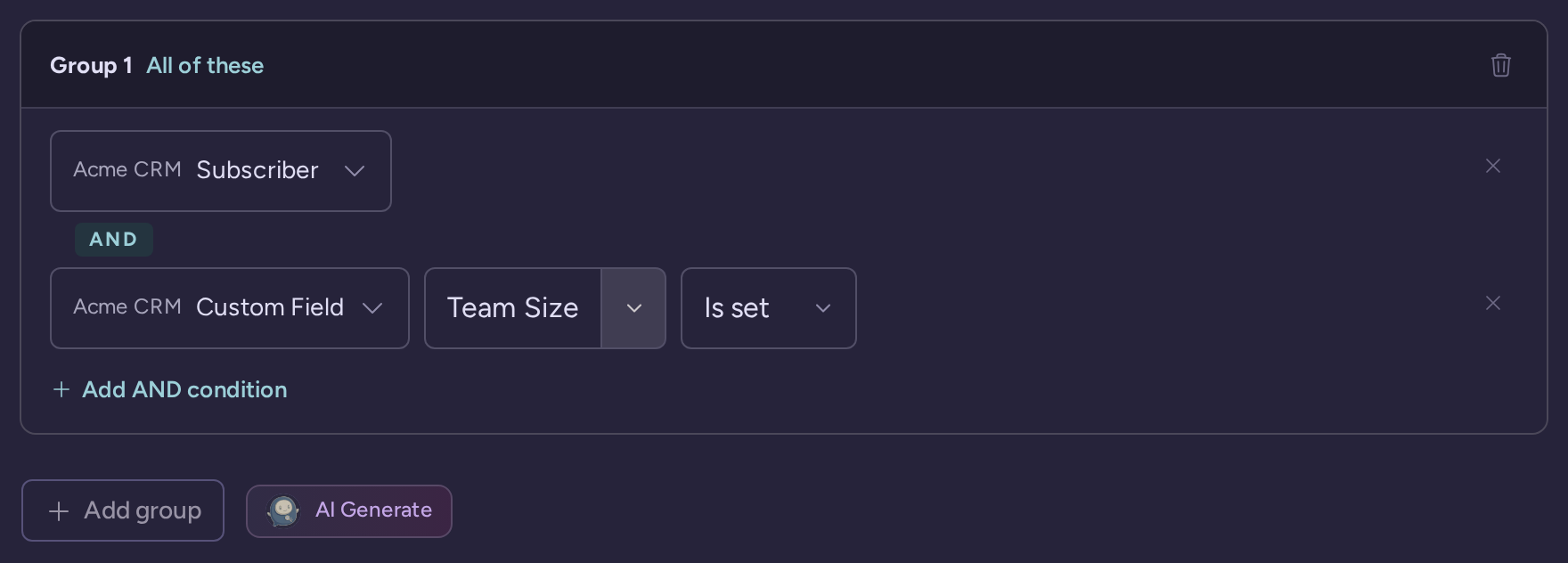 Subscriber condition combined with an Acme CRM Team Size field that is set