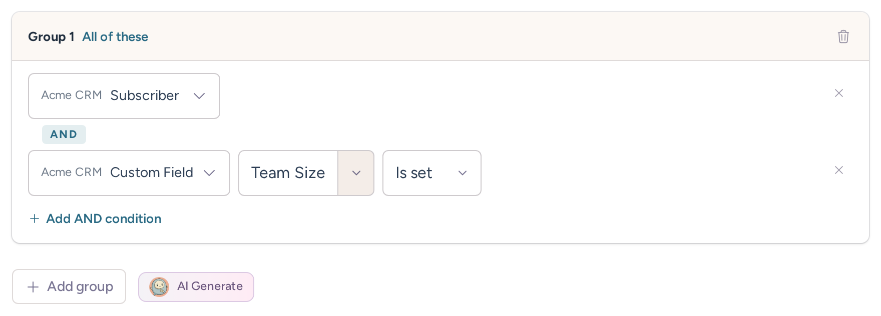 Subscriber condition combined with an Acme CRM Team Size field that is set