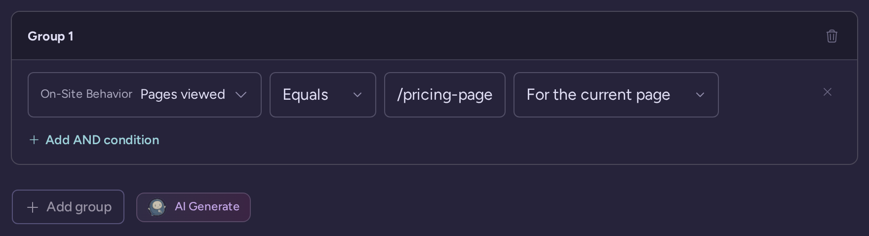 Pages viewed condition matching /pricing-page for the current page