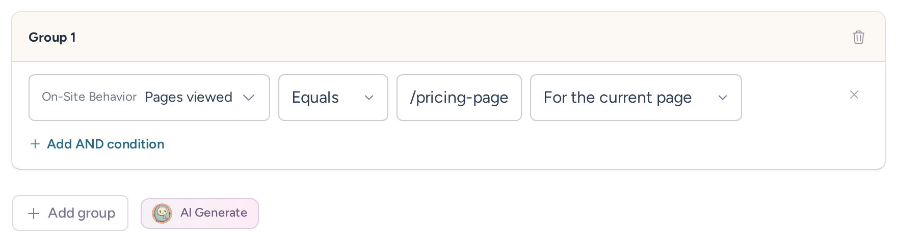 Pages viewed condition matching /pricing-page for the current page