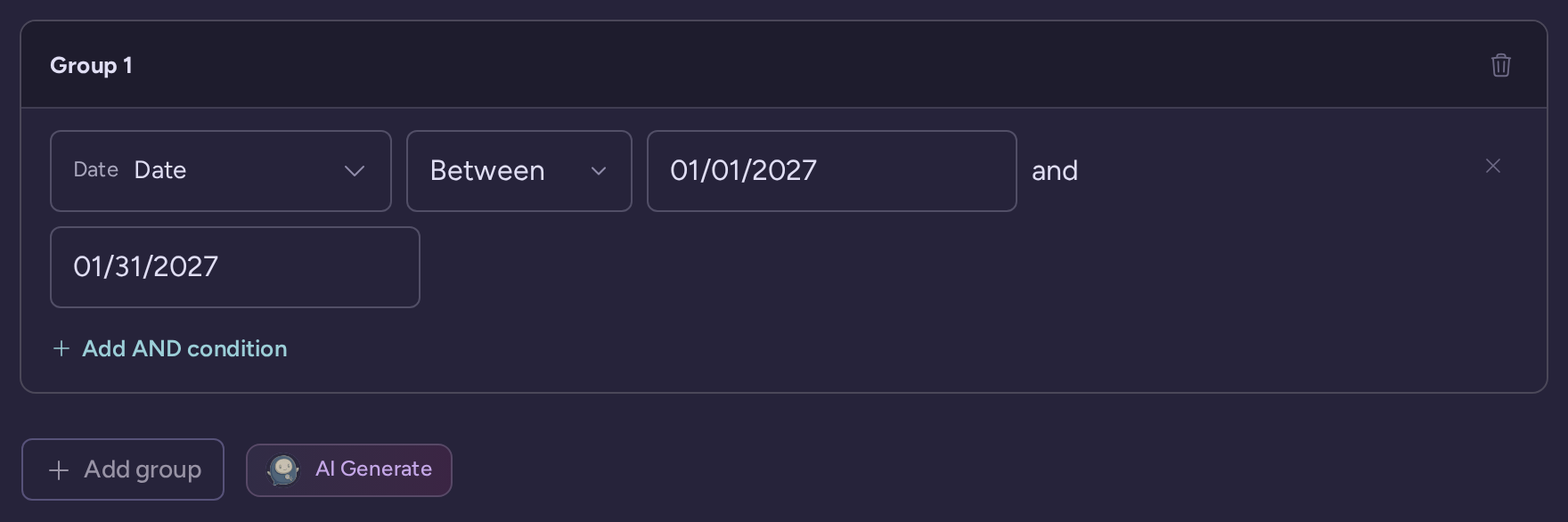 Date condition between January 1 and January 31, 2027