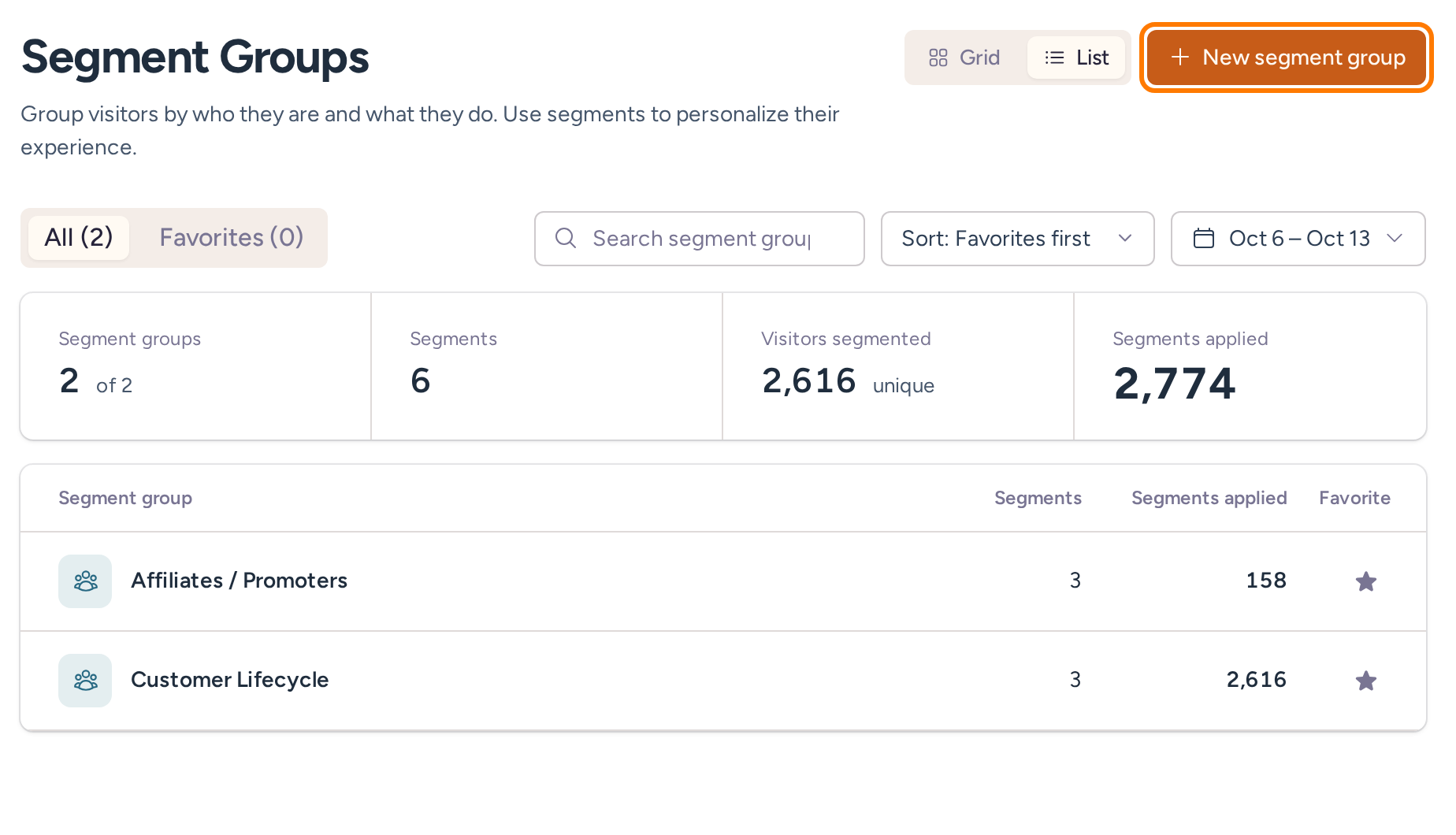 Segment group library listing Affiliates and Customer Lifecycle with New segment group highlighted