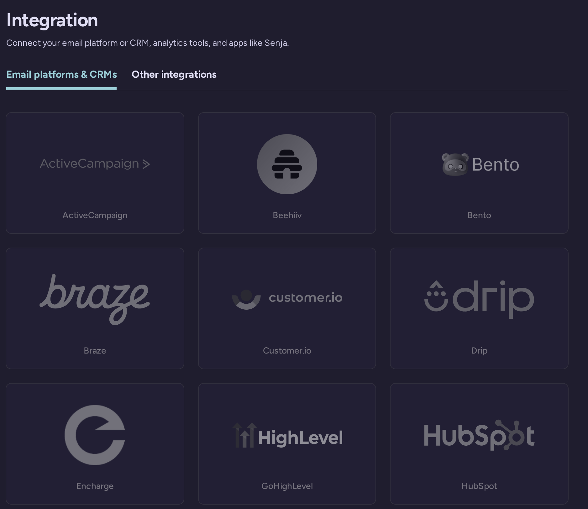Integration settings catalog with ActiveCampaign, Beehiiv, Bento, Braze, Customer.io, Drip, Encharge, HighLevel and HubSpot connectors