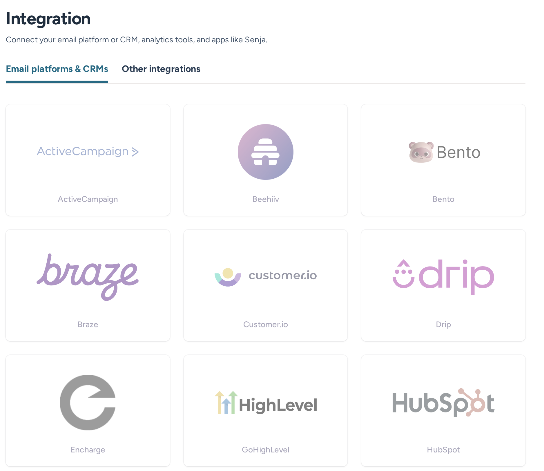 Integration settings catalog with ActiveCampaign, Beehiiv, Bento, Braze, Customer.io, Drip, Encharge, HighLevel and HubSpot connectors
