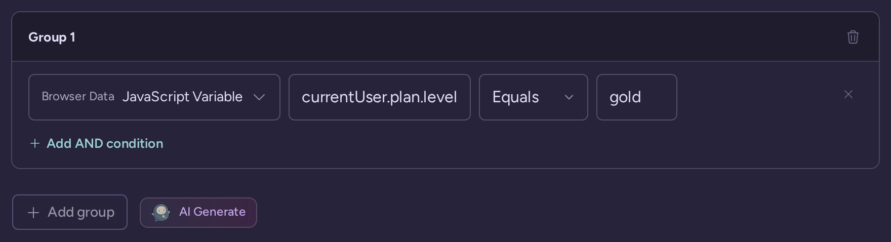 JavaScript variable condition matching currentUser.plan.level equals gold