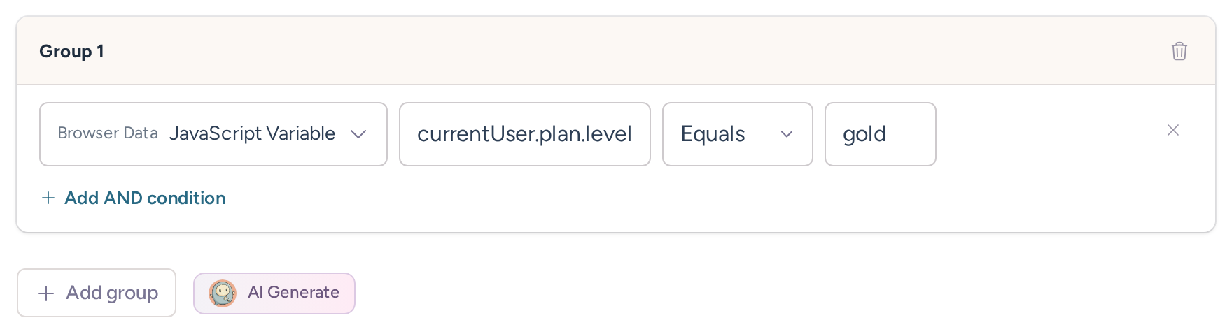 JavaScript variable condition matching currentUser.plan.level equals gold