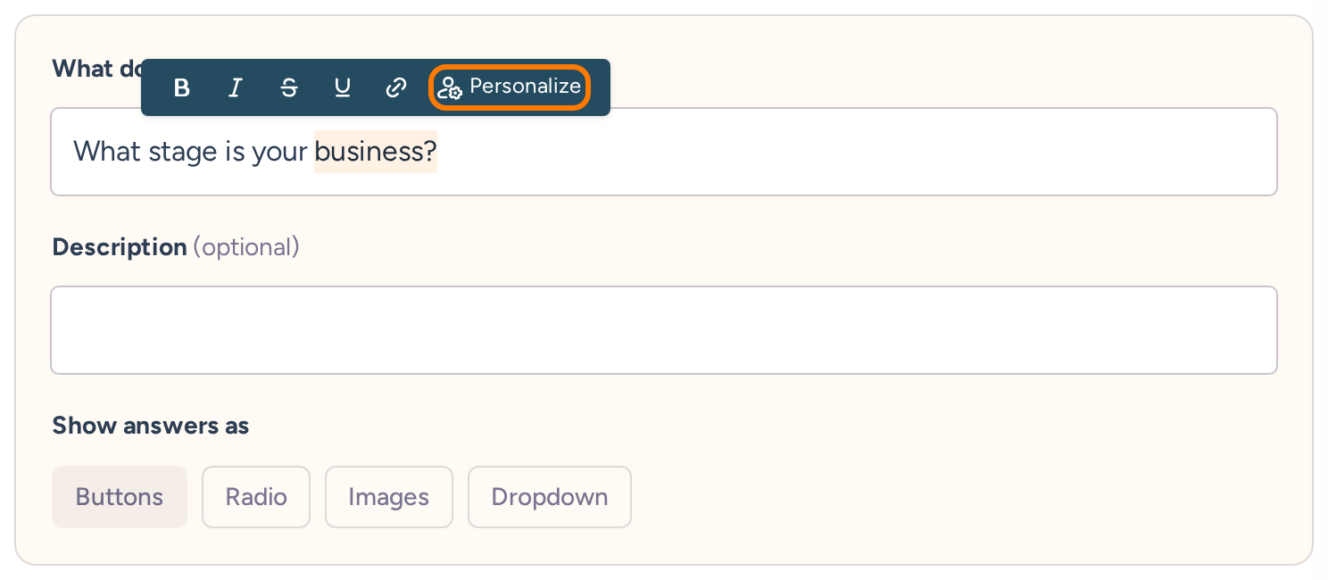 Question wording with business selected and the Personalize toolbar control highlighted