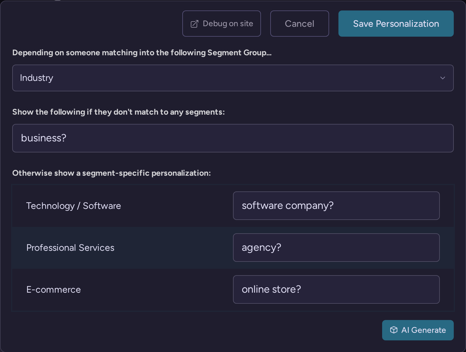 Personalized phrase dialog mapping Industry answers to software company, agency and online store wording
