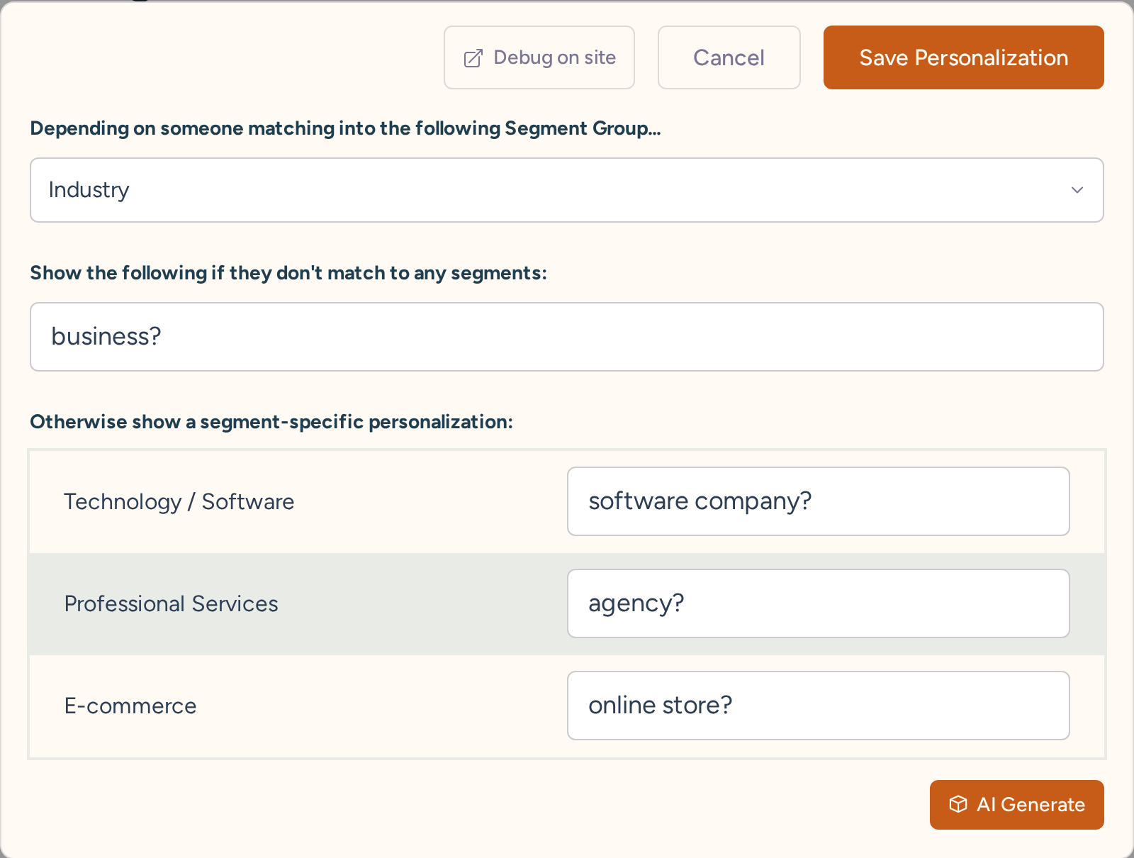 Personalized phrase dialog mapping Industry answers to software company, agency and online store wording