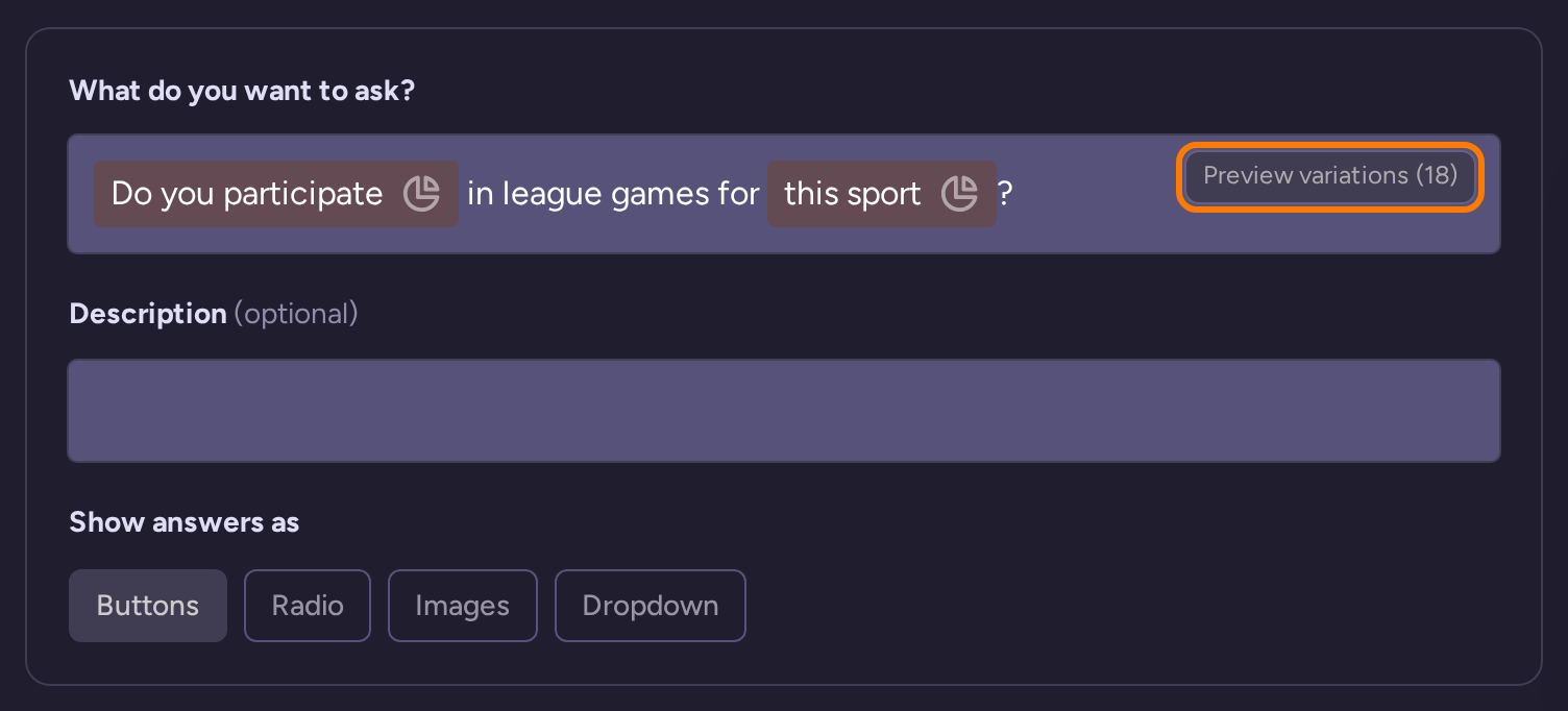 League Games question editor containing two personalized phrases and Preview variations for eighteen combinations