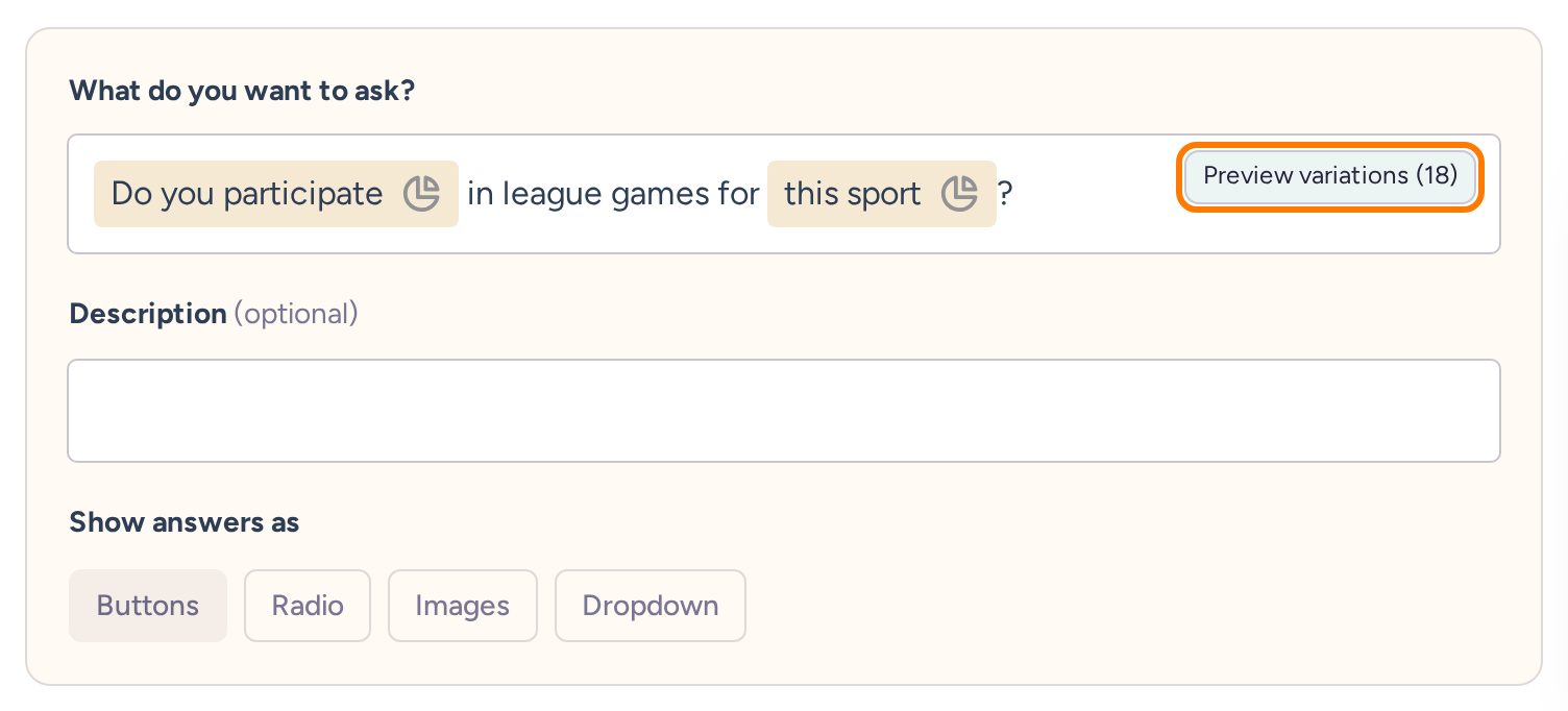 League Games question editor containing two personalized phrases and Preview variations for eighteen combinations
