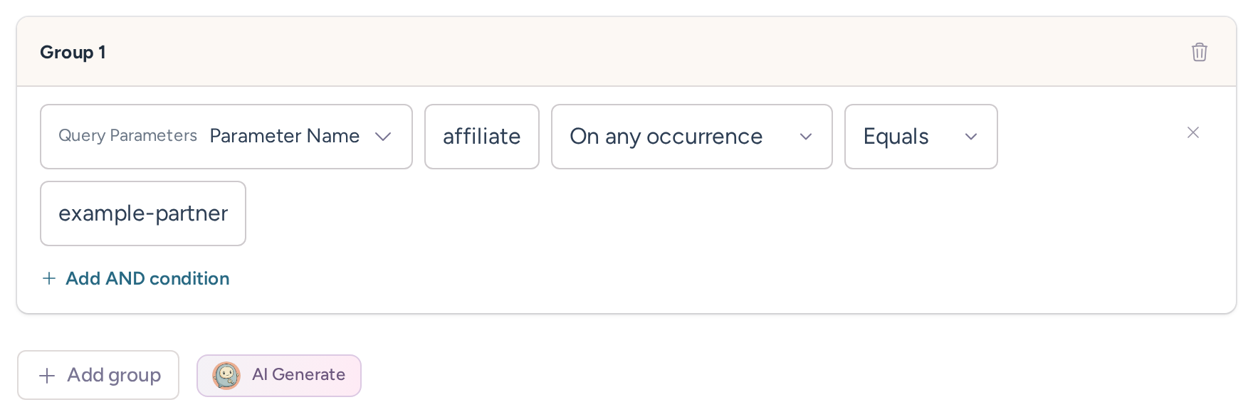 Query parameter condition matching affiliate equals example-partner on any occurrence