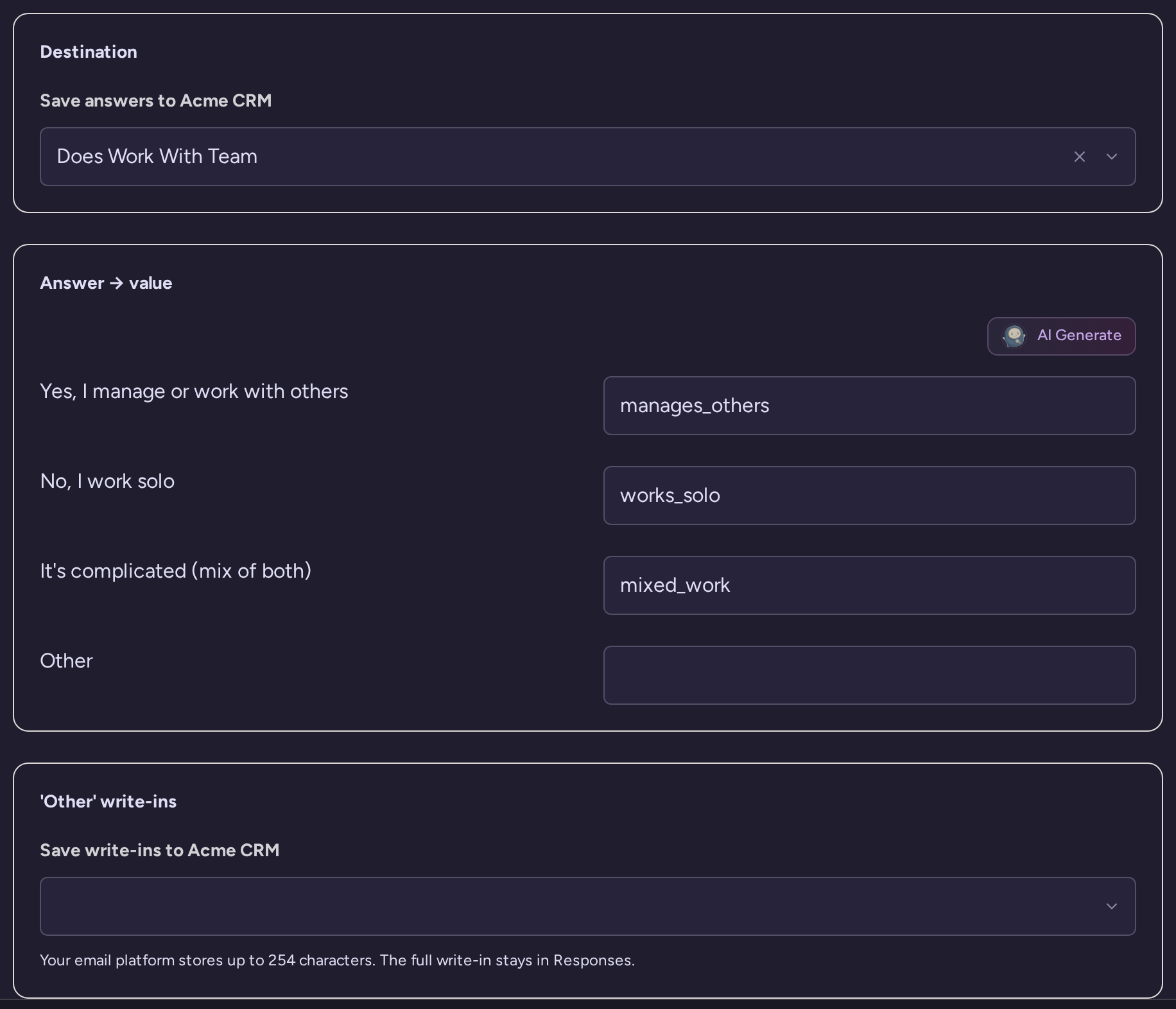 Question sync destination and mappings from team answers to Acme CRM custom-field values