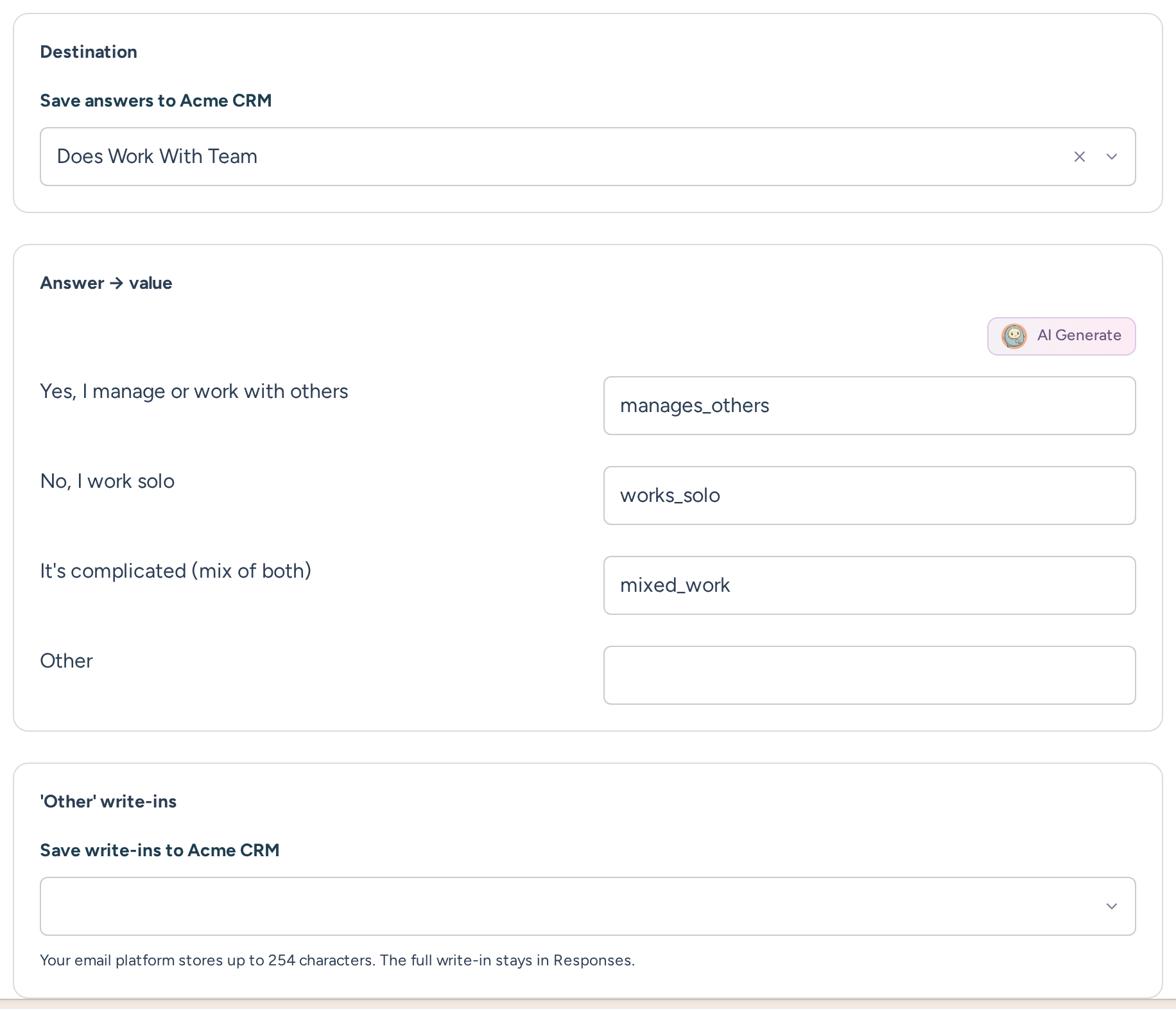 Question sync destination and mappings from team answers to Acme CRM custom-field values