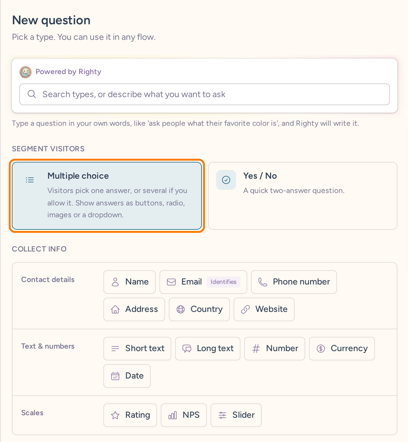 New question dialog offering segmenting questions and contact, text, number and scale input types