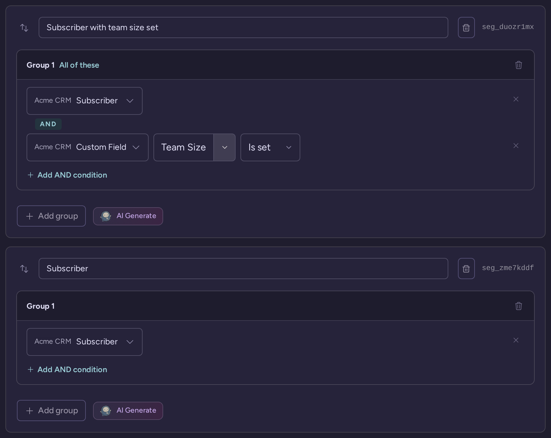 Specific subscriber with Team Size set checked before the broader Subscriber segment
