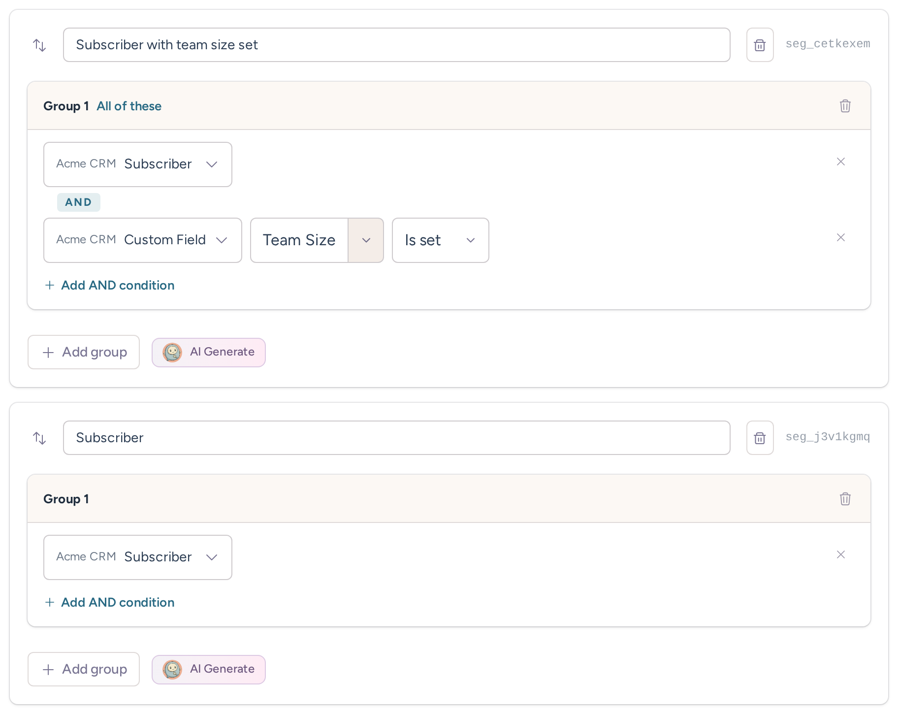Specific subscriber with Team Size set checked before the broader Subscriber segment
