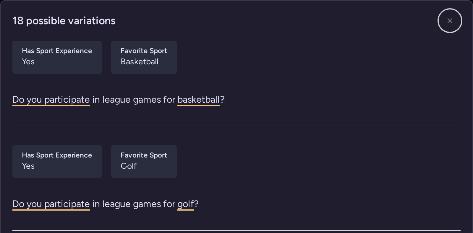 Preview variations showing sport experience and favorite sport combinations for the League Games question
