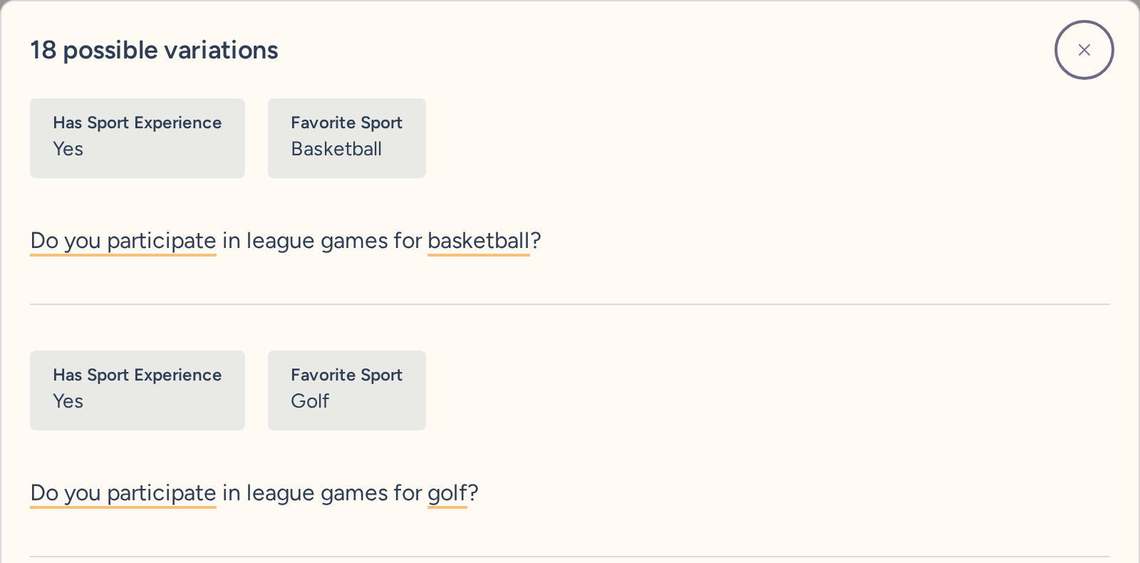 Preview variations showing sport experience and favorite sport combinations for the League Games question