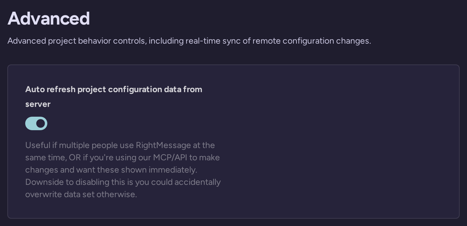 Advanced settings for configuration synchronization and project behavior