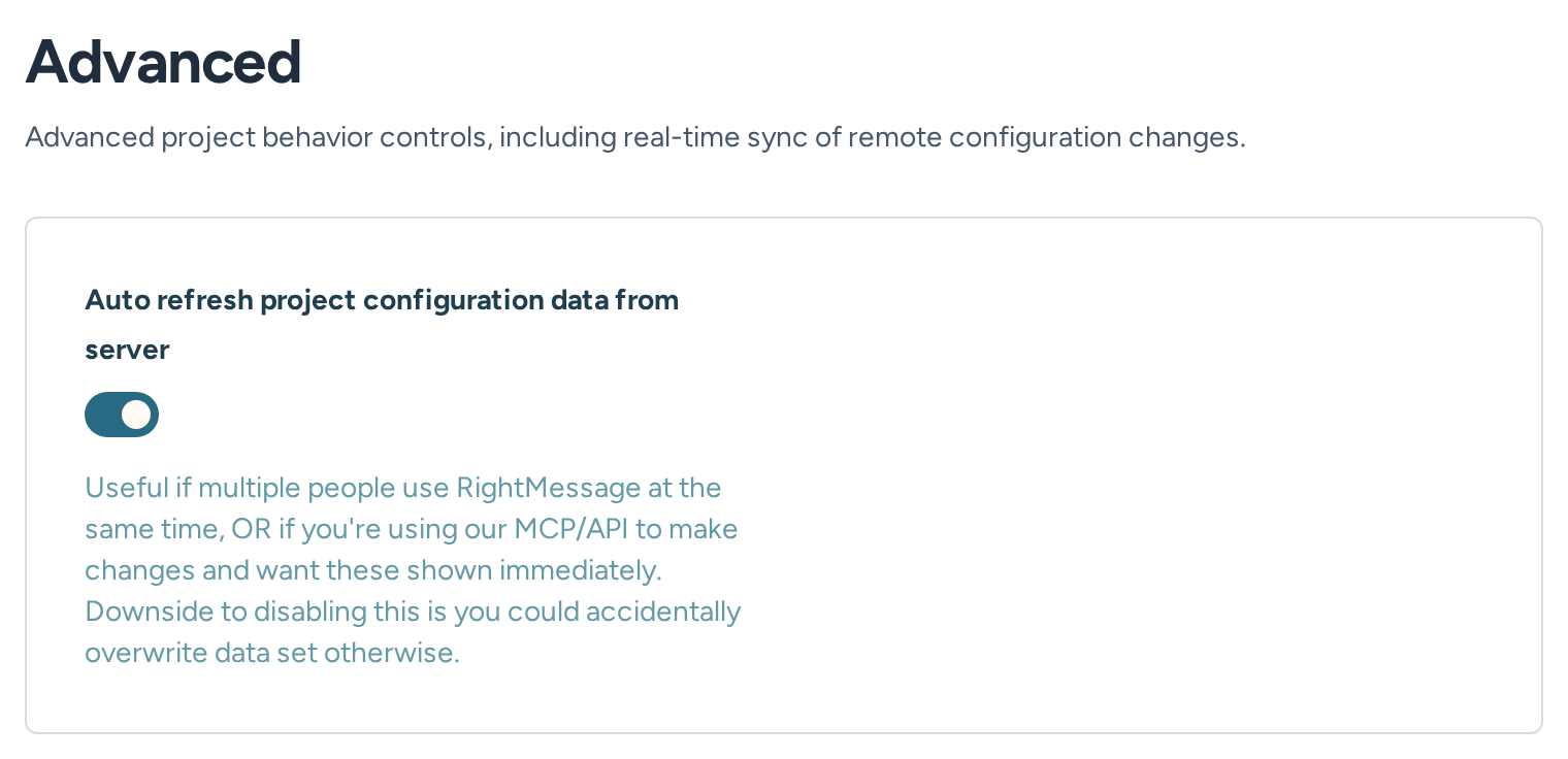 Advanced settings for configuration synchronization and project behavior