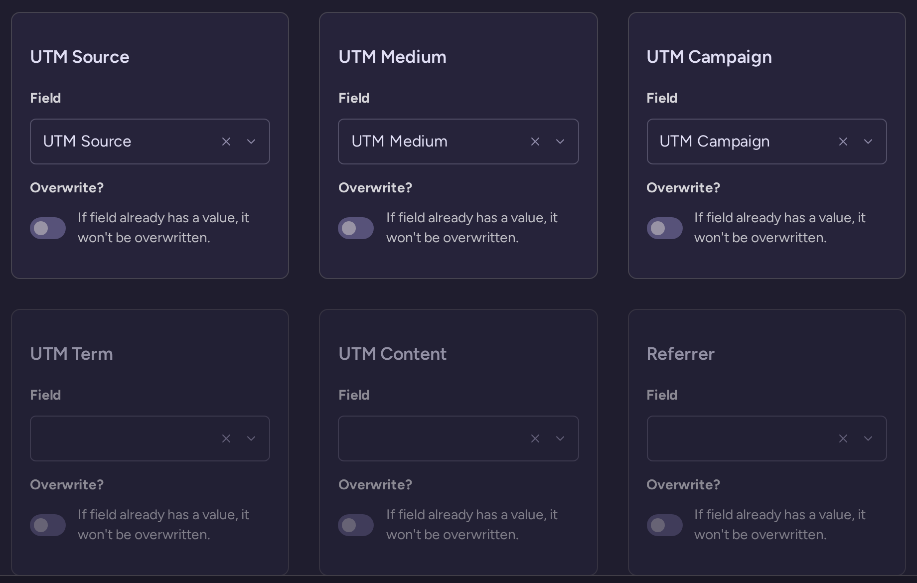 Lead attribution mappings for UTM source, medium, campaign, term, content and referrer