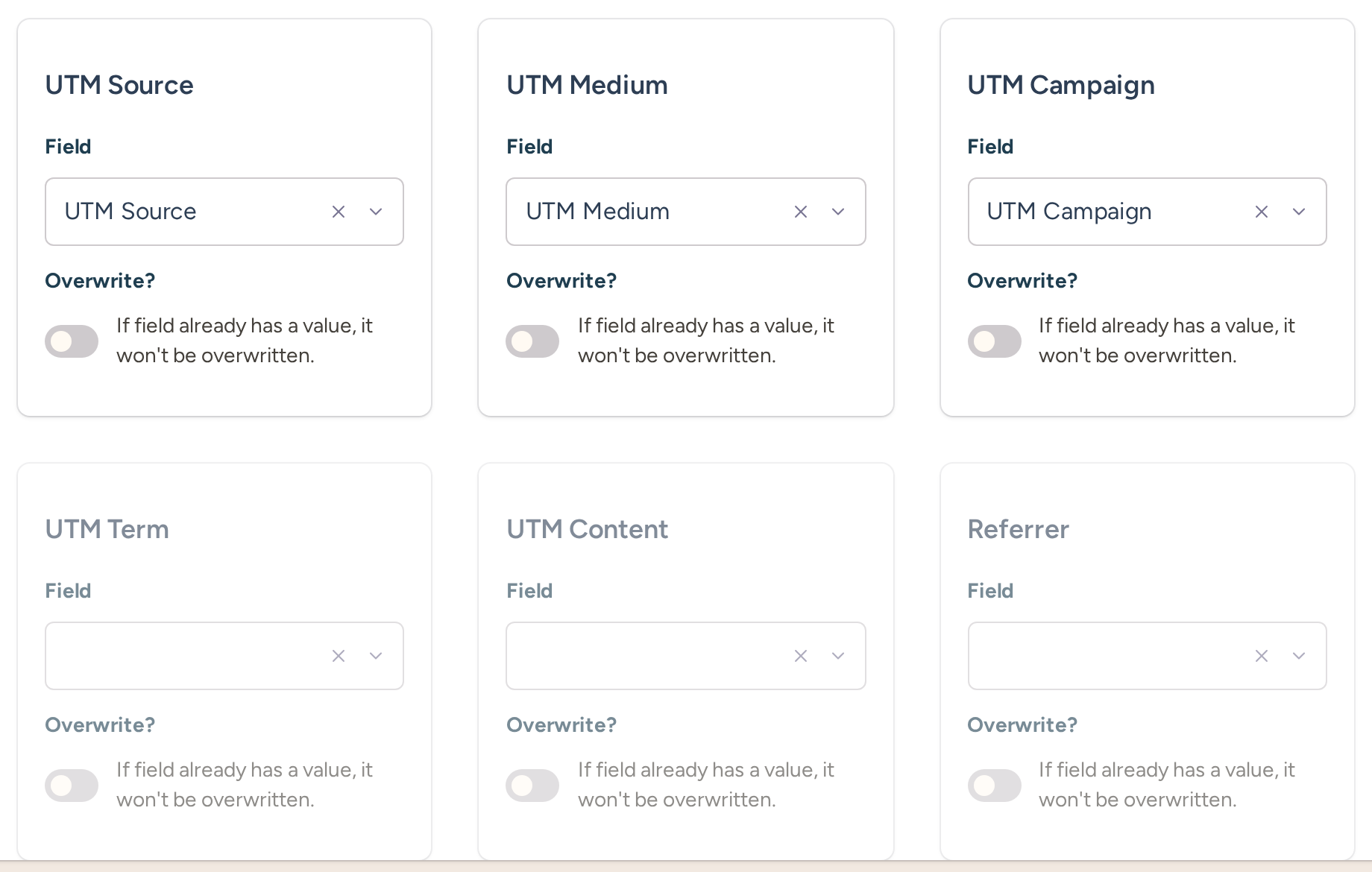 Lead attribution mappings for UTM source, medium, campaign, term, content and referrer