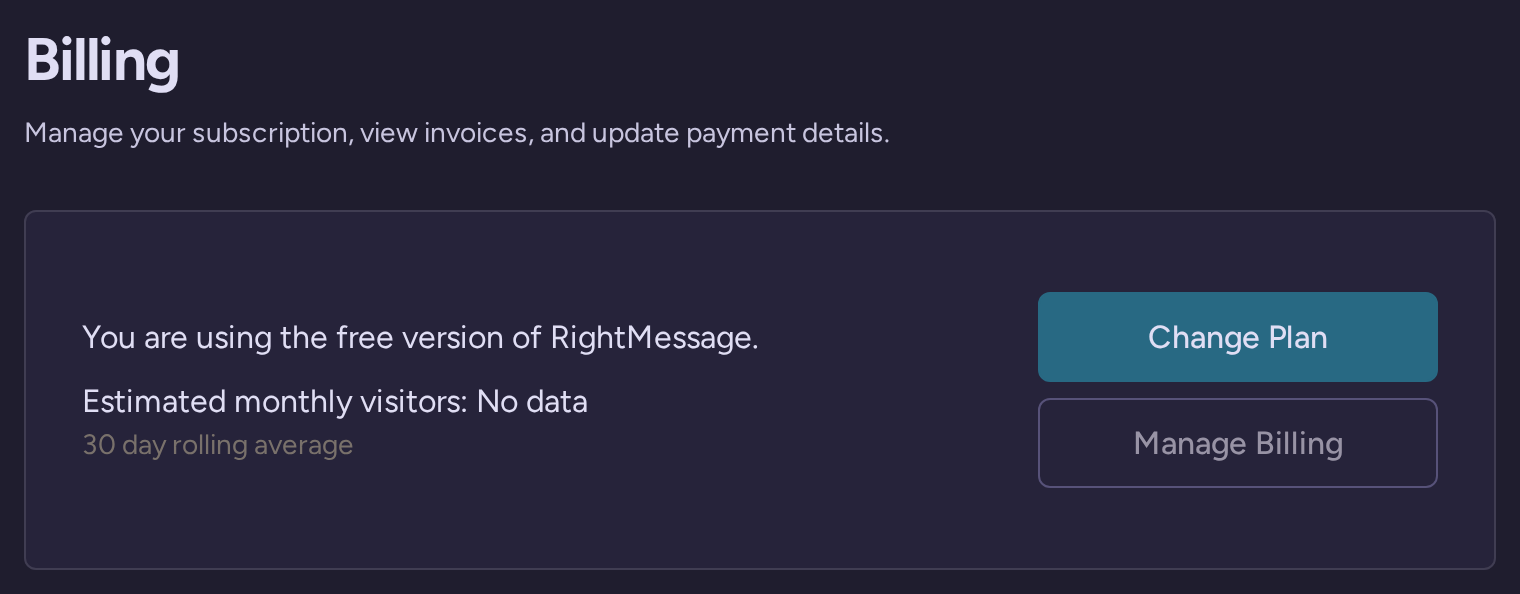 Project billing settings showing the free plan and actions to change plan or manage billing